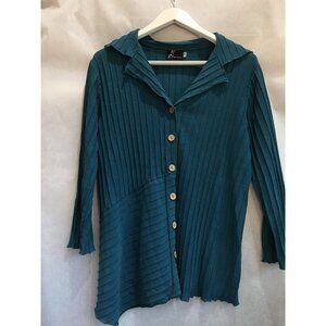 Fenini Womens Medium Teal Ribbed Button Front Asymmetric Shirt Top 3/4 Sleeve